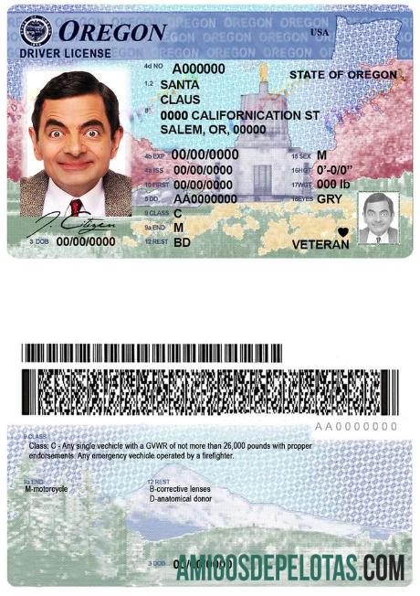 Carta de condução do estado de Oregon nos EUA amostra